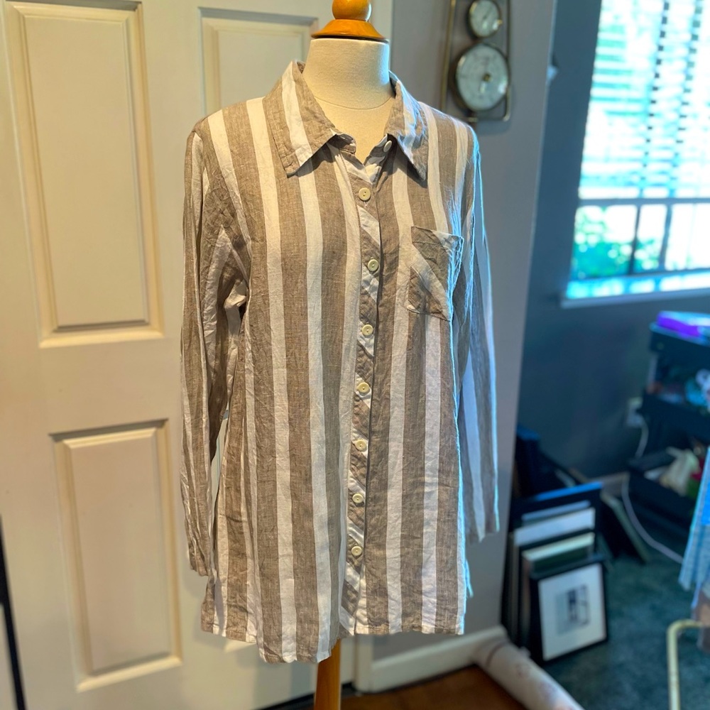 Flax Stiped Linen Button Down Top Medium